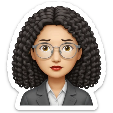 serious middle-aged Asian woman, long curly hair, small rectangular metal glasses, manager sticker