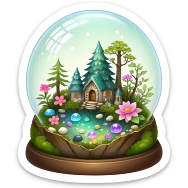 Sparkly shiny iridescent Mystical woodland glass-dome-terrarium-globe with moss inside, with marbles, with pebbles, crystals, with bones inside, and flowers inside  sticker