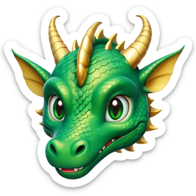 Cinematic Cute Dragon Portrait Emoji, Head tilted playfully and inquisitively, featuring a sleek, serpentine form adorned with iridescent scales that shift between emerald and gold, a delicate set of subtle horns, and round, sparkling eyes full of curious magic; rendered with realistic detail and warm natural light, high shine, affectionate and enchanting, styled with a touch of whimsical fantasy, soft glowing outline, capturing the essence of a mischievous yet lovable dragon that seems poised to slither playfully into your arms! sticker