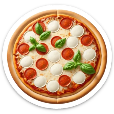 Cinematic Realistic Pizza Napoletana Dish Emoji, depicted as a classic thin‚Äêcrust pizza topped with vibrant tomato sauce, fresh mozzarella, and basil rendered with mouth‚Äêwatering textures and warm natural lighting. sticker