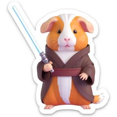 cute and heroic guinea pig dressed as a Jedi, holding a lightsaber sticker
