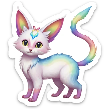Jumping-Pure-snow-White albino iridescent with pastel rainbow-gradients-color-markings with swirly patterns butterflies  faerie-Noivern-Noibat-Purloin-Torracat-Lykoi-Caracal-cat-Fakemon-fusion-hybrid-creature- sticker
