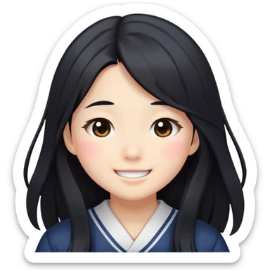 Happy Japanese schoolgirl with long black hair and blushing face sticker