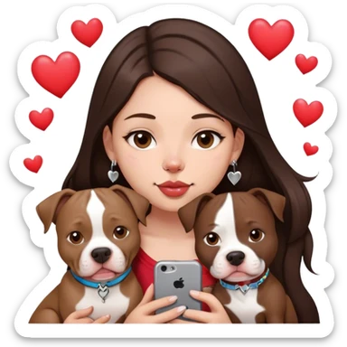 Young girl was long, dark brown hair sits with her dog who is a pretty girl pitbull with her cell phone in her hand in a small septum ring in her nose was hearts flying all around her sticker