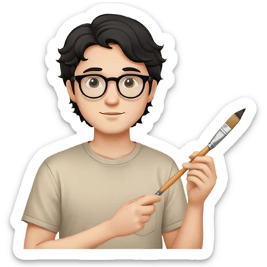 Young caucasian man with black wavy hair, round glasses, beige painting shirt, holding a square paintbrush sticker