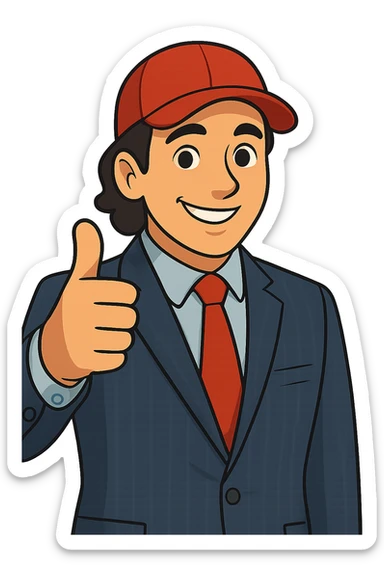 Edit the image of a smiling man in a pinstripe suit and red cap giving a thumbs up. Change the style to about 30% realistic, more stylized and less realistic, with a white skin tone. Keep the transparent background. sticker