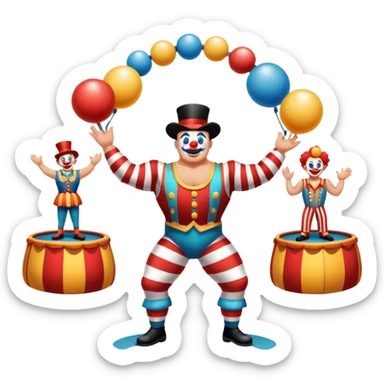 Icon for Circus Arts: a vibrant circus arena with a strongman in a striped costume, a juggler, and a clown performing. The icon should capture the excitement and energy of a circus show, with emphasis on skill and entertainment. Transparent background. sticker