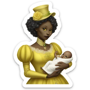  Reptilian alien woman, full body, in victorian jellow elegant dress, holds a newborn white humman baby sticker