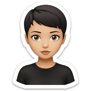 A girl with black short pixie haircut cut, dark brown eyes that almost look like black, caramel tone skin colour. Wearing a black t-shirt.  sticker