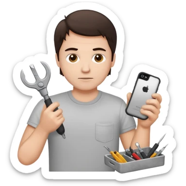 make a white guy with dark brown hair, with a simple white o grey shirt, repairing an iphone, un tecnico sticker