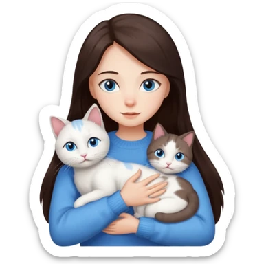 a girl with long dark 
brown hair, with blue eyes, in a
white sweater, hugs 3 different natural coloured cats sticker