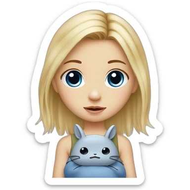 bébé fille blonde décoiffée aux yeux bleus avec une peluche Totoro  sticker