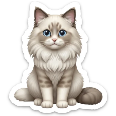 cinematic-[Ragdoll cat]-realistic-full-body-sitting-emoji,-tail-curled-playfully-around-its-paws,-head-tilted-dramatically,-fluffy-[grey ragdoll cat]-fur,-simplified-yet-realistic-focused-features,-highly-detailed,-glowing-with-an-almost-sarcastic-glow sticker