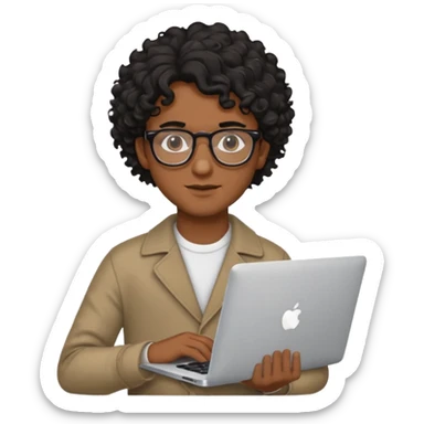 guy with wavy kinda curly black hair and skin tone a little bit brown and glasses, with a macbook sticker