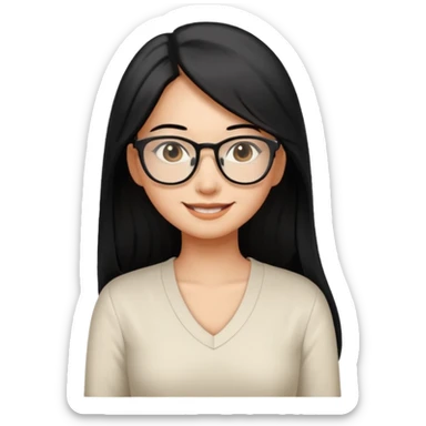 medium tan asian woman with long black hair past middle of back, round brown eyes, white v neck blouse. she has black thick frame rectangular glasses on and smilling sticker