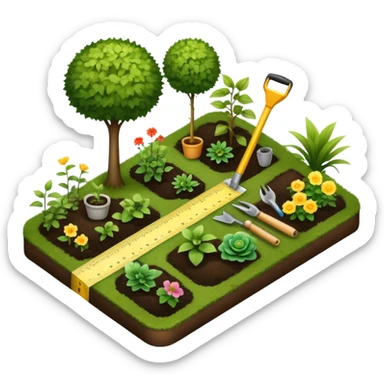 Icon for Landscape Design: a garden layout with plants, trees, paths, and design tools like a spade, pencil and measuring tape. The icon should represent creativity in outdoor space planning and gardening. Transparent background. sticker
