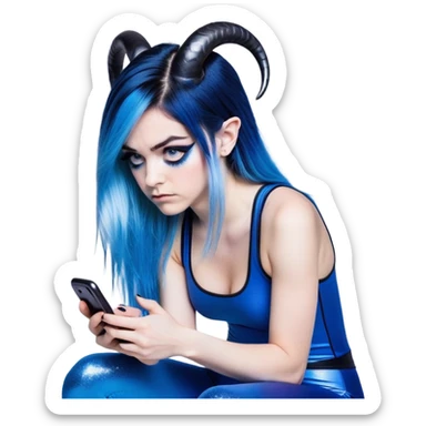 Disapponted-big tears-head back texting on phone-very very large upper body-sexy face-bending forward at waist-very long very straight dark blue to light blue ombre hair-and-blue eyes-thick black eyeliner-cute goat horns-iridescent blue lowcut tanktop with black leggings with glitter superman logo sticker