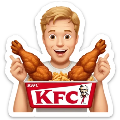 "Create an emoji of a white man holding KFC chicken wings with a happy and excited expression. Make sure to add the text 'KFC ABSOLUTE CINEMA ✋😮🤚' in large, bold letters, covering the entire screen and standing out clearly. This text must be included. Use a vibrant and expressive style." sticker