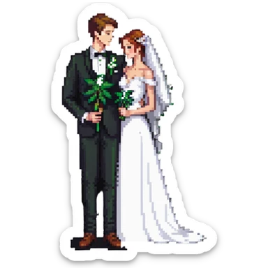A bride in white wedding dress and groom in tuxedo, full body, sharing cannabis, wedding couple sticker