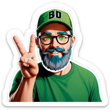 A bold man with a grey baseball cap, green eyes, big beard and glasses, waving  sticker