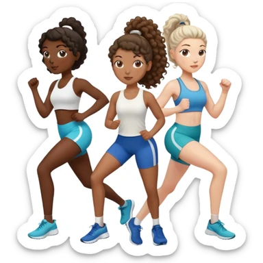 three women friends exercising together, one black woman with curly brown hair, one pale white woman with curly brown hair, and one pale white woman with straight brown hair in a ponytail sticker