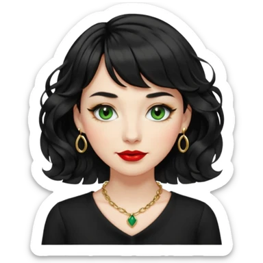 woman with jet black lightly curled wavy shoulder-length hair, short curtain bangs, bright red lipstick, black shirt, white skin, small closed-mouth smile, green eyes, black eyelashes with mascara, dainty gold necklace with the letter 's' sticker