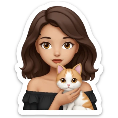 aesthetic girl, warm tan skin, round face, off-shoulder length 2b wavy hair, full lips, dark brown doe eyes, soft arched brows, holding a white cat, modern emoji style sticker