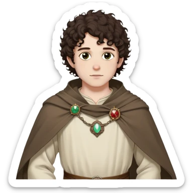 medieval spring outfit worn by a DnD themed fantasy male character. thin wool tunic with a light cloak draped over one shoulder, secured by a wooden brooch. clothes only above the waist. The clothes full waist. The character's haven't arms. character is white-skinned, dark brown hair, hazel eyes, short curly hair. sticker