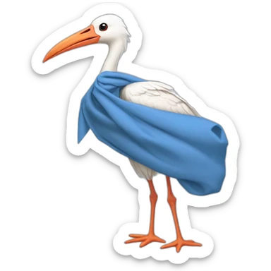 White stork carrying a blue bundle of cloth in its beak that has a human baby with dark hair and the baby head is peeking from the fabric bundle the strok is carrying with its beak sticker
