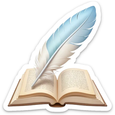 Create a delicate and poetic emoji representing poetry. The design should feature several elegantly flying pages with short poetic columns written on them. The pages should appear light and flowing, almost as if being carried by the wind. Include a white feather gently resting on the pages, symbolizing creativity and inspiration. Use soft, pastel tones to give it a dreamy, artistic feel. The design should feel ethereal and whimsical, capturing the essence of poetry. Make the background transparent. sticker