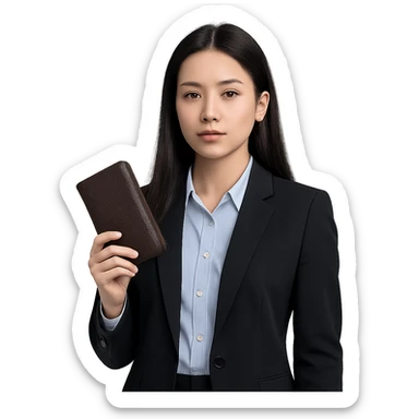 a girl with long black hair, neutral expression, wearing business style clothes including shirt and jacket, holding a wallet as an accessory, professional and clean style sticker