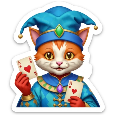 crazy colorful cute little cat jolly joker from poker, medieval, vintage, court jester, mac os icon, blue color, holds an ace poker card (clearly detailed and precise) sticker