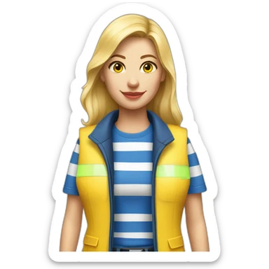 Ikea coworker blond woman blue stripes t-shirt and yellow security vest with trolley scan sticker