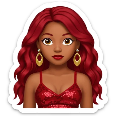 LaTavia Robeson with dark red long hair, red sequin crop top, red earring sticker