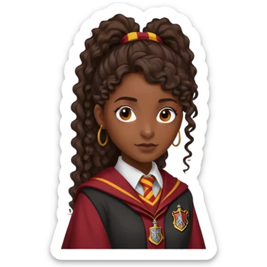 Alicia Spinnet in harry potter, wear hogwarts gryfindor uniform, long, dark, curly ponytail hair, dark skin sticker