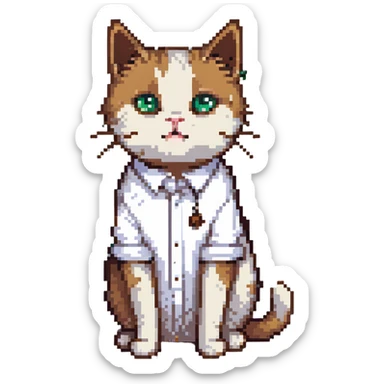 pixel art of a cat looking embarrassed, white shirt, visible brown poo mark sticker