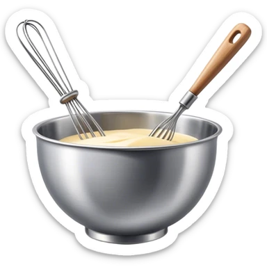 Cinematic Realistic Whisk & Mixing Bowl, a well-used metal whisk resting in a smooth ceramic mixing bowl, light reflecting off the whisk’s polished surface, subtle smears of batter along the rim, glowing with a sense of warmth and creativity. sticker