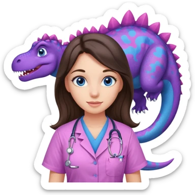 pretty brunette nurse with long hair and blue eyes in pink and purple dinosaur pattern scrubs sticker
