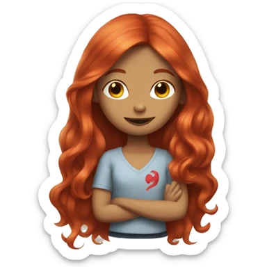 A girl with long red hair make a peace sign sticker
