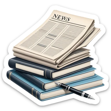 Create an emoji representing journalism and publicistic writing. The design should feature a stack of newspapers as the base, with an open working notebook placed on top of them. A single fountain pen should rest at the very top on the notebook, symbolizing the act of writing. Use neutral, professional colors like black, white, and muted tones to convey a sense of seriousness and intellect. Do not include any emojis or smiley faces. Make the background transparent. sticker