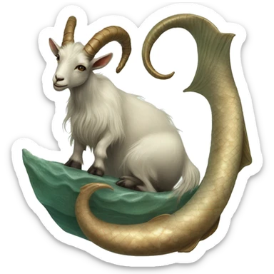 Goat with big horns attached to a long wrapped up mermaid fish tail, Capricorn, creature mythology, watery & earthy tones, mystical, realistic  sticker