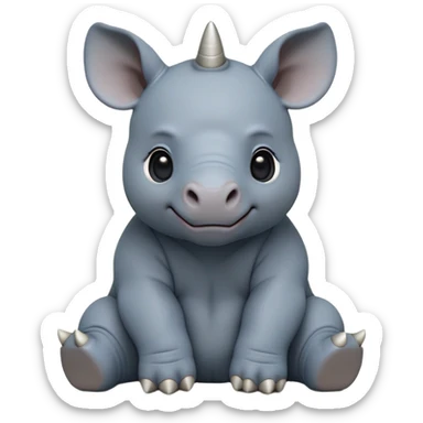 cinematic-baby rhino-full-body-sitting-emoji,white horn, slate grey/blue skin -massive-body-poised-powerfully,-thick-horn-curving-slightly-forward,-head-tilted-dramatically,-rough-grey-hide-covered-in-dust,-simplified-focused-features, large cute black eyes sticker