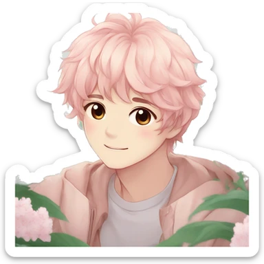 Gorgeous pastel anime style shojo guy with blushing face and flowers aesthetic trending style outside sticker