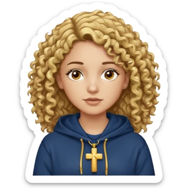 woman with curly brown hair and blonde highlights, brown eyes, and a gold cross necklace over a navy hoodie. sticker