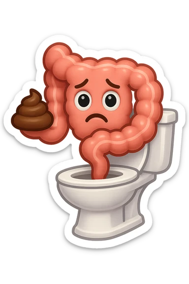 emoji stile iphone di un intestino che esce dal wc con in mano una montagnetta di feci con espressione triste a palline sticker