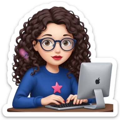 a white young woman with very long curly dark brown/chocolate hair typing in a computer. she's using round glasses, her lips are light red and her cheeks slightly pink. Her eyes are dark brown. She's using a dark blue knit sweater that has a tiny star in the middle   sticker