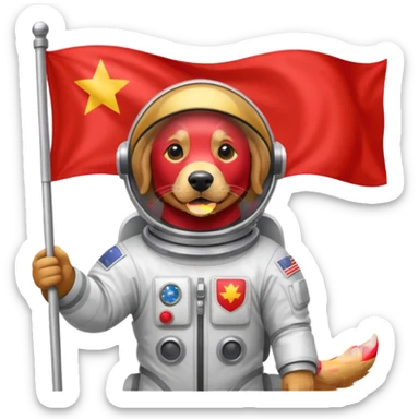 golden retriever standing in space suit holding red rectangle flag sticker