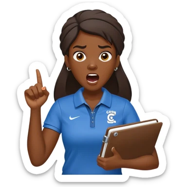 yelling female sport coach with coach wear(with LockIn written on it) and holding a notebook sticker