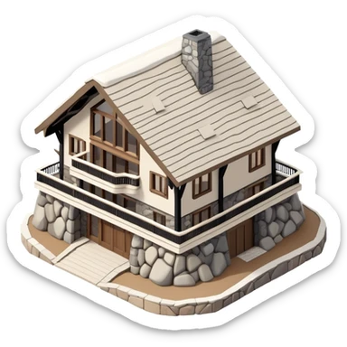 Isometric exterior little black, beige, and white mountain ski resort lodge, stone and wood, dollhouse style 3D realistic  sticker