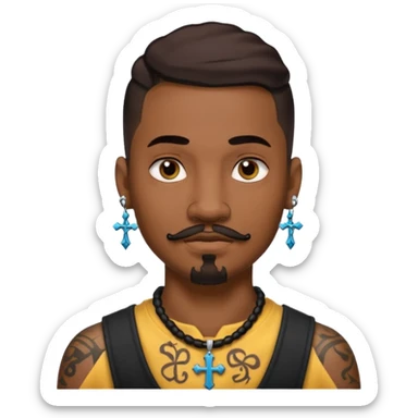 Deci creează mi un emoticon cu un băiat mai creol care are doar o coadă are cercel intr o ureche are tatuaje și barba cioc și mustața și are lanț la gât cu cruce sticker
